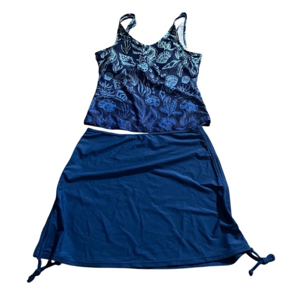 Blue Two-Piece Swim Tankini Set Of Top and Skirt with Sea Life Print Size Large